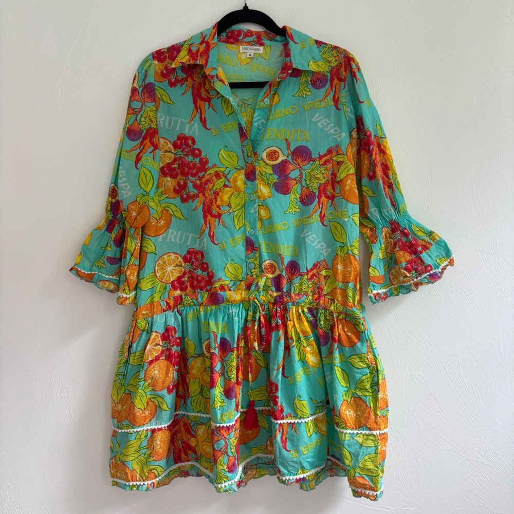 Moda Posa Penelope Mini Dress Small Turquoise Fruit Citrus Print Tassels Cotton